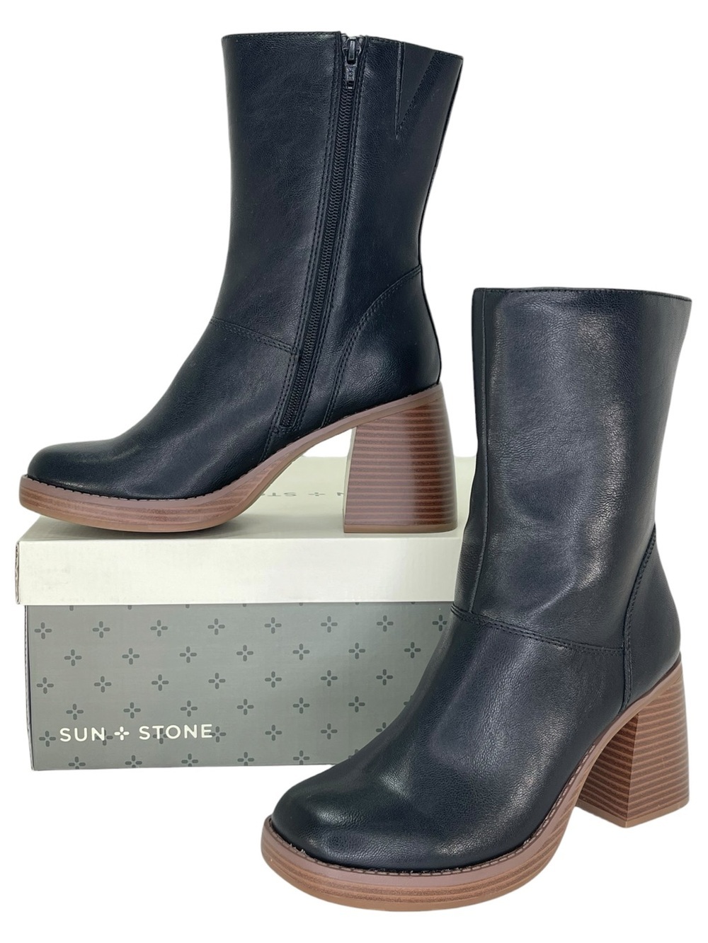 Sun + Stone Aleenn Black Faux Leather High Top Womens Ankle Boots Size 7M